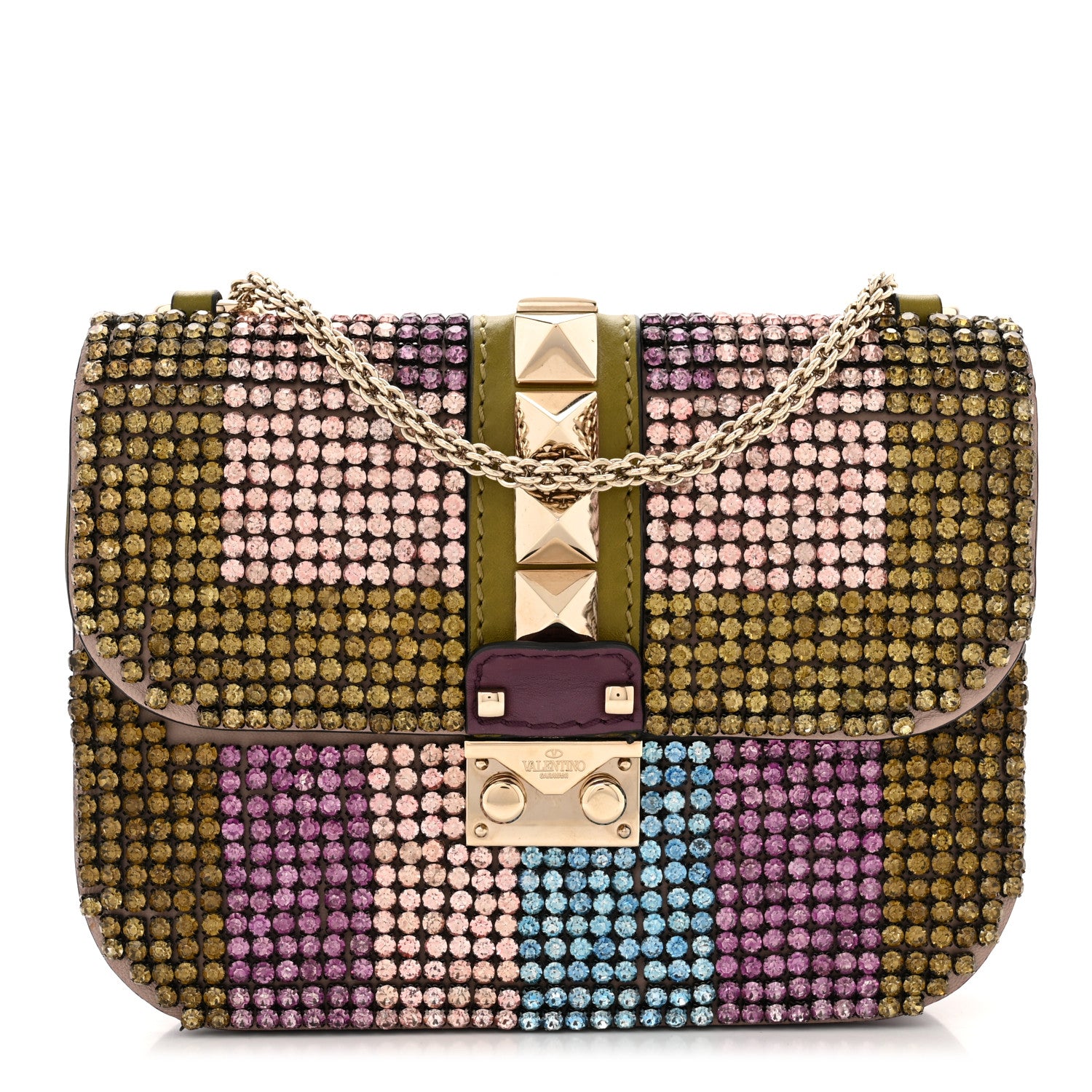 Valentino Garavani Vitello Crystal Embellished Small Glam Lock Rockstud Flap Green Multicolor 1 of 10