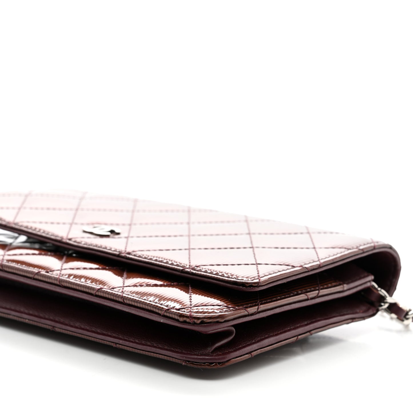 Metallic Striated Patent Quilted Wallet on Chain WOC Bronze