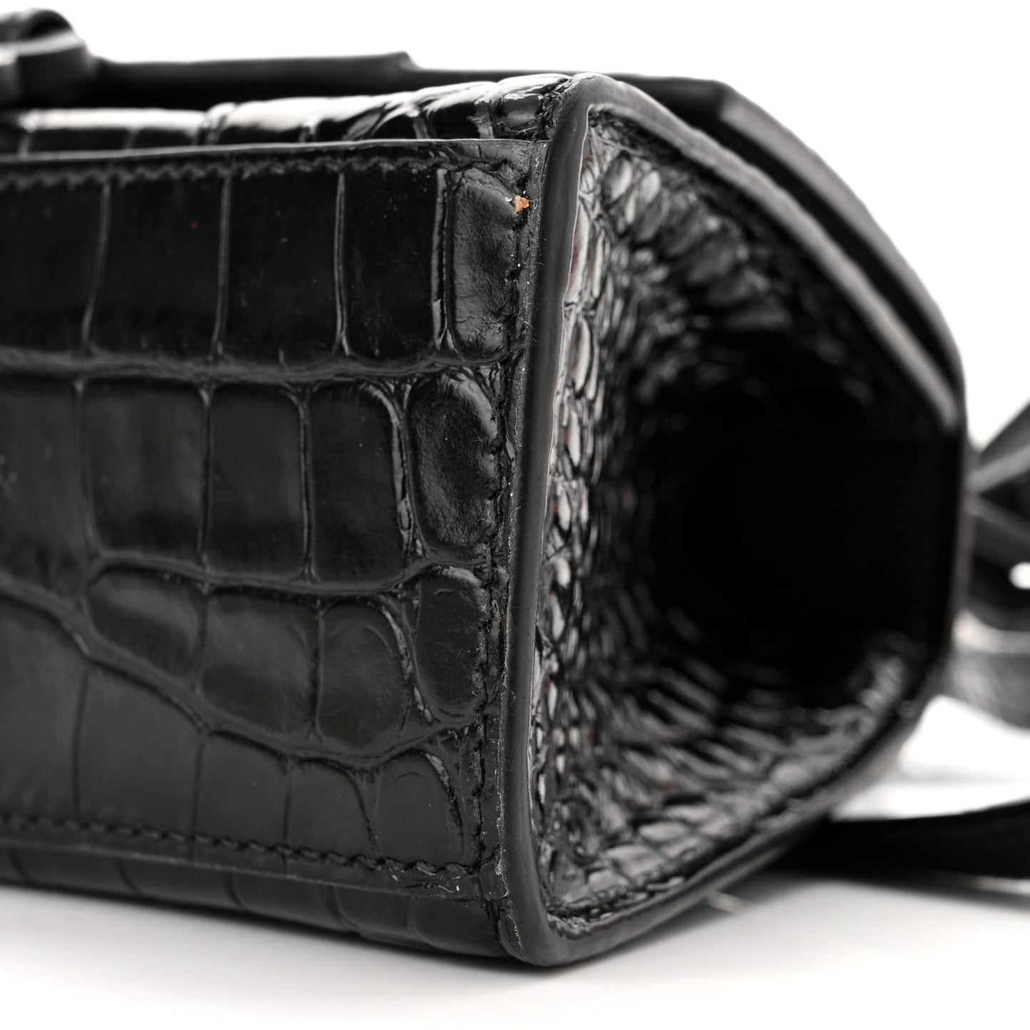 Shiny Calfskin Monochrome Crocodile Embossed Hourglass Top Handle Bag XS Black