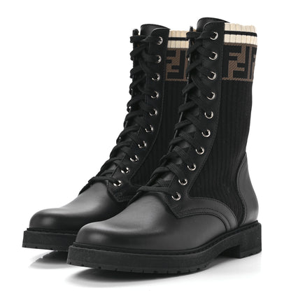 Fendi Calfskin Stretch Fabric Rockoko Biker Boots 39 Tobacco Black Marino 3 of 8