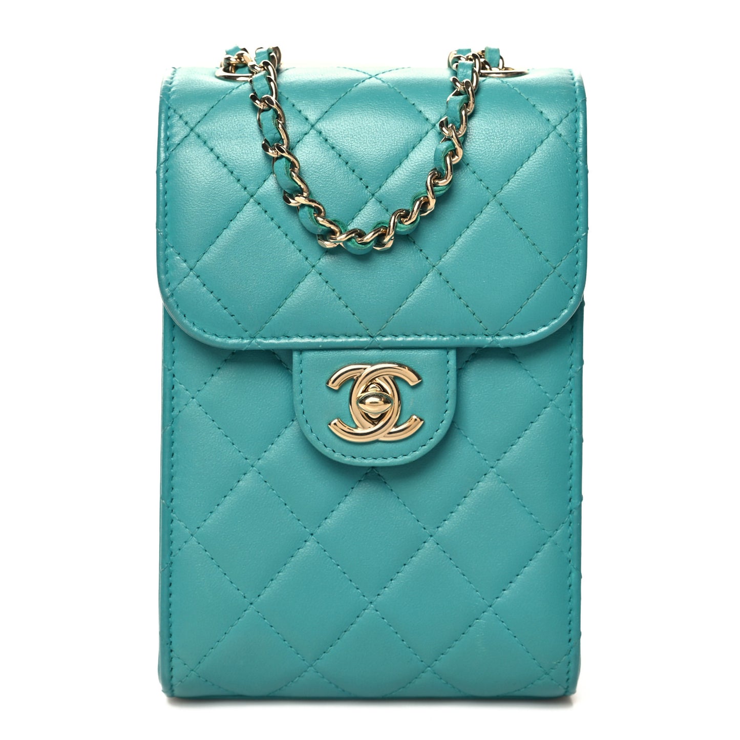 Lambskin Quilted Extra Mini Wallet On Chain WOC Teal