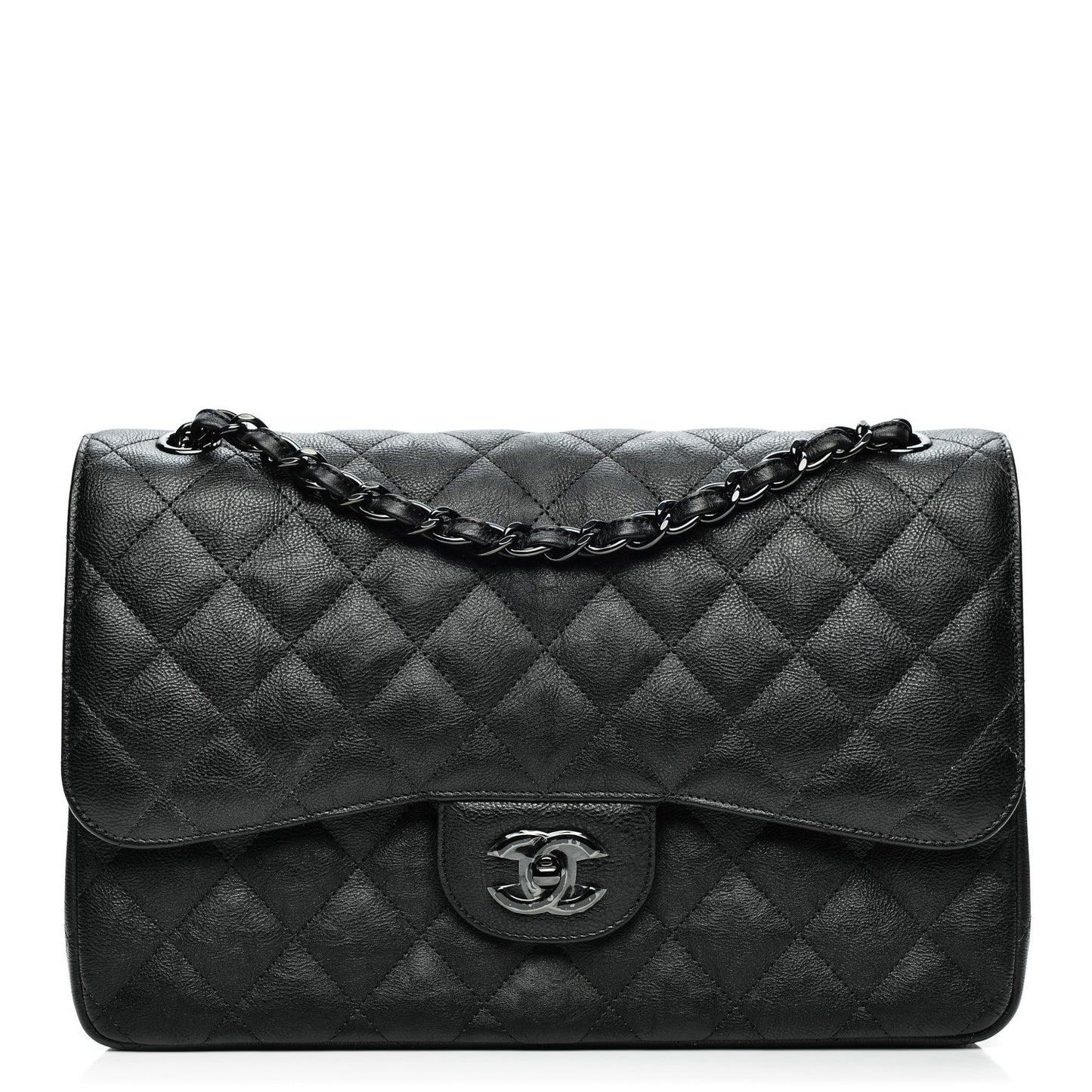 Crumpled Calfskin Quilted Jumbo Double Flap So Black