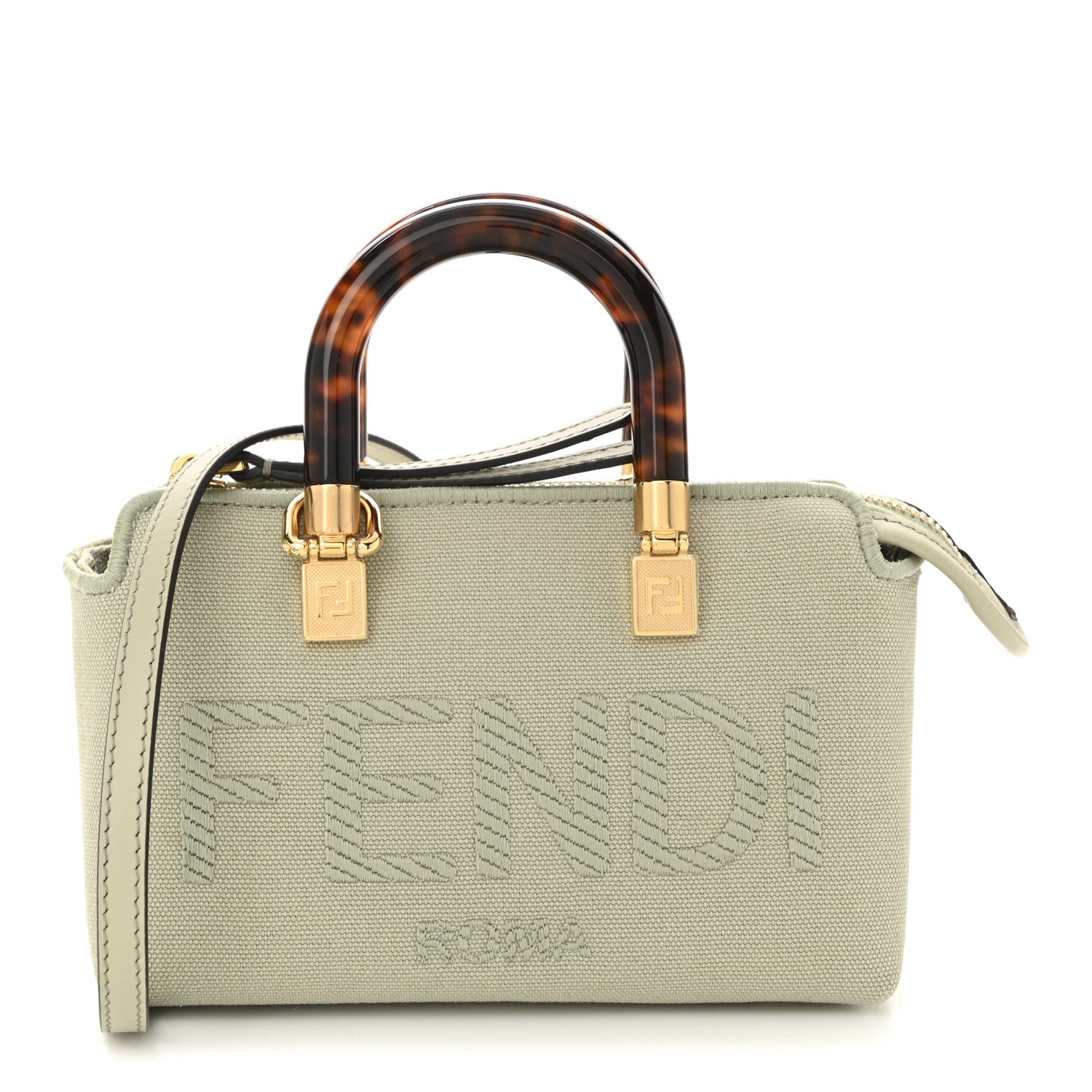 Fendi Canvas Vitello King Plexiglass Logo Embroidered Mini By The Way Top Handle Boston Bag Green Tea 1 of 10