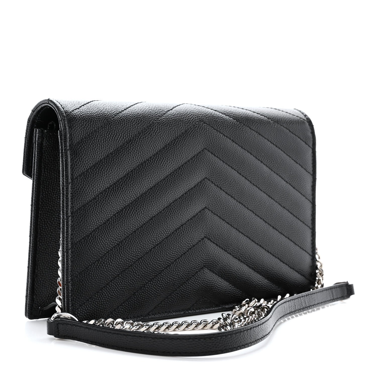 Saint Laurent Grain De Poudre Matelasse Chevron Monogram Envelope Chain Wallet Black 3 of 12