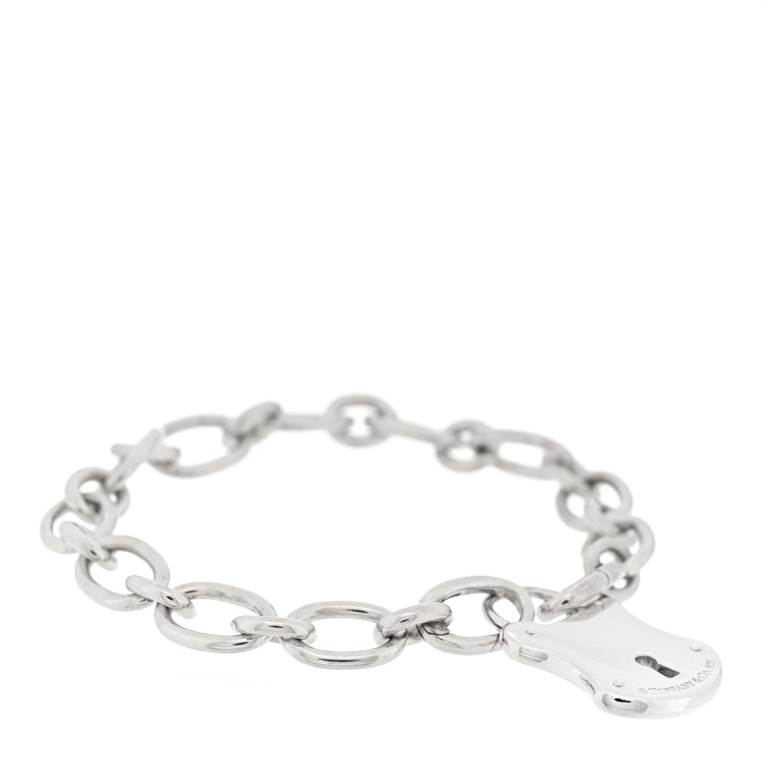 Tiffany Sterling Silver Oval Clasping Link Emblem Lock Charm Bracelet 1 of 3