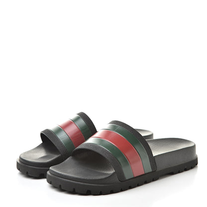 Gucci Rubber Web Mens Lug Sole Slide Sandals 8 Black Green Red 3 of 12
