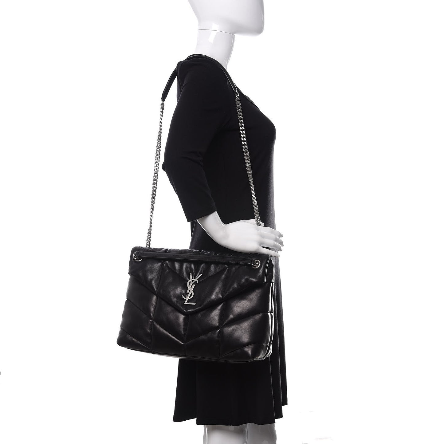 Lambskin Quilted Medium Loulou Puffer Monogram Chain Satchel Black