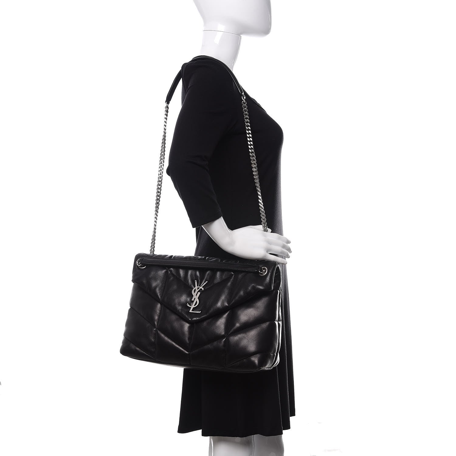 Saint Laurent Lambskin Quilted Medium Loulou Puffer Monogram Chain Satchel Black 2 of 11