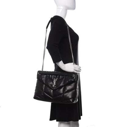 Saint Laurent Lambskin Quilted Medium Loulou Puffer Monogram Chain Satchel Black 2 of 11