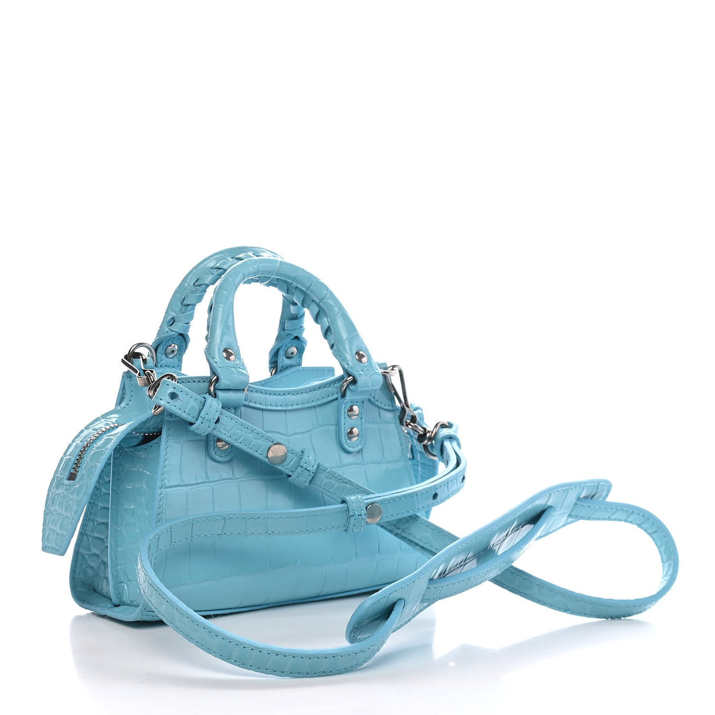 Calfskin Crocodile Embossed Neo Classic Silver Hardware Nano City Crossbody Azur