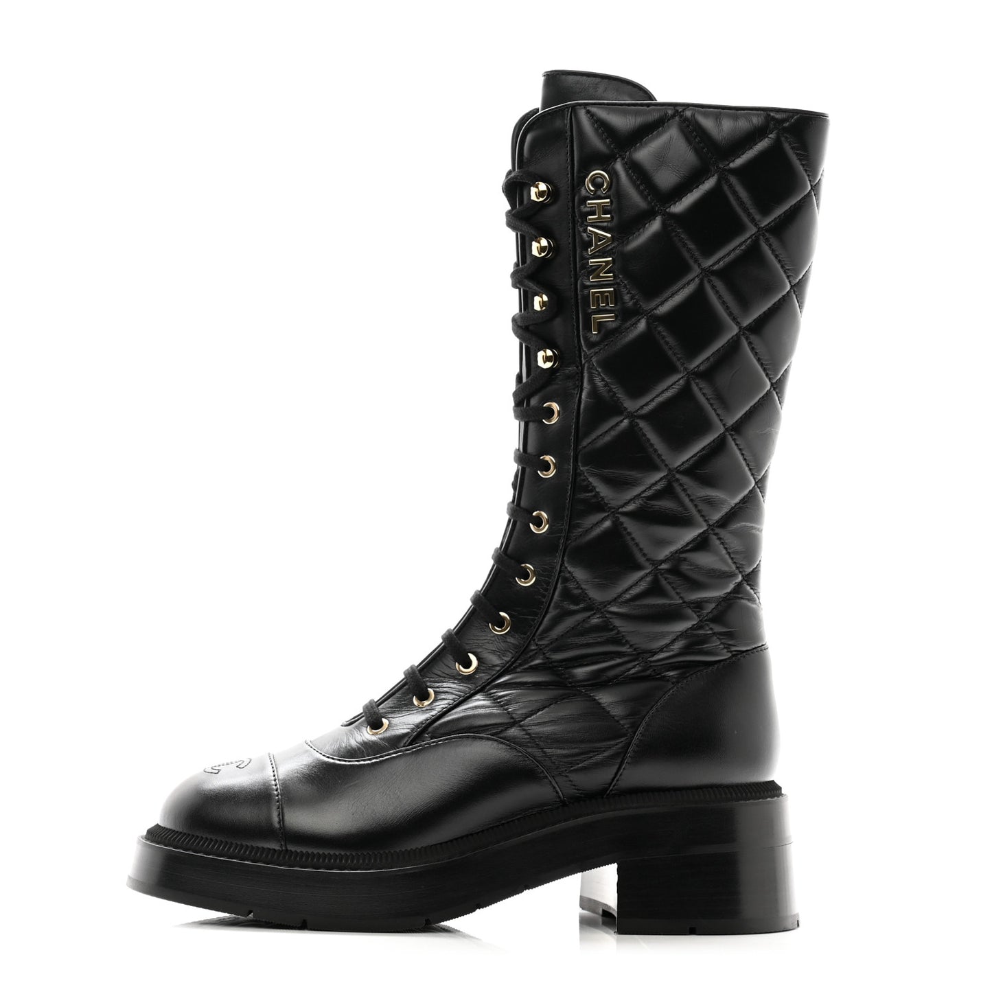 Calfskin Quilted Logo Lace Up Tall Combat Boots 38.5 Black