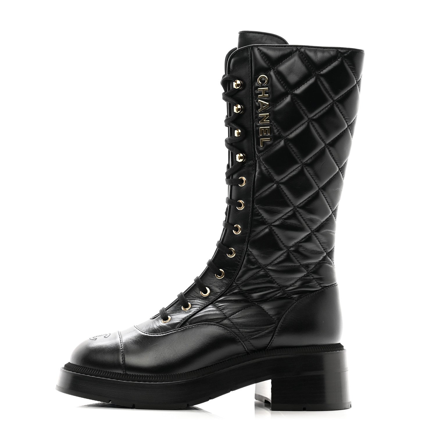 Chanel Calfskin Quilted Logo Lace Up Tall Combat Boots 38.5 Black 1 of 9
