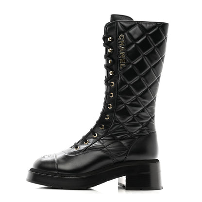 Chanel Calfskin Quilted Logo Lace Up Tall Combat Boots 38.5 Black 1 of 9