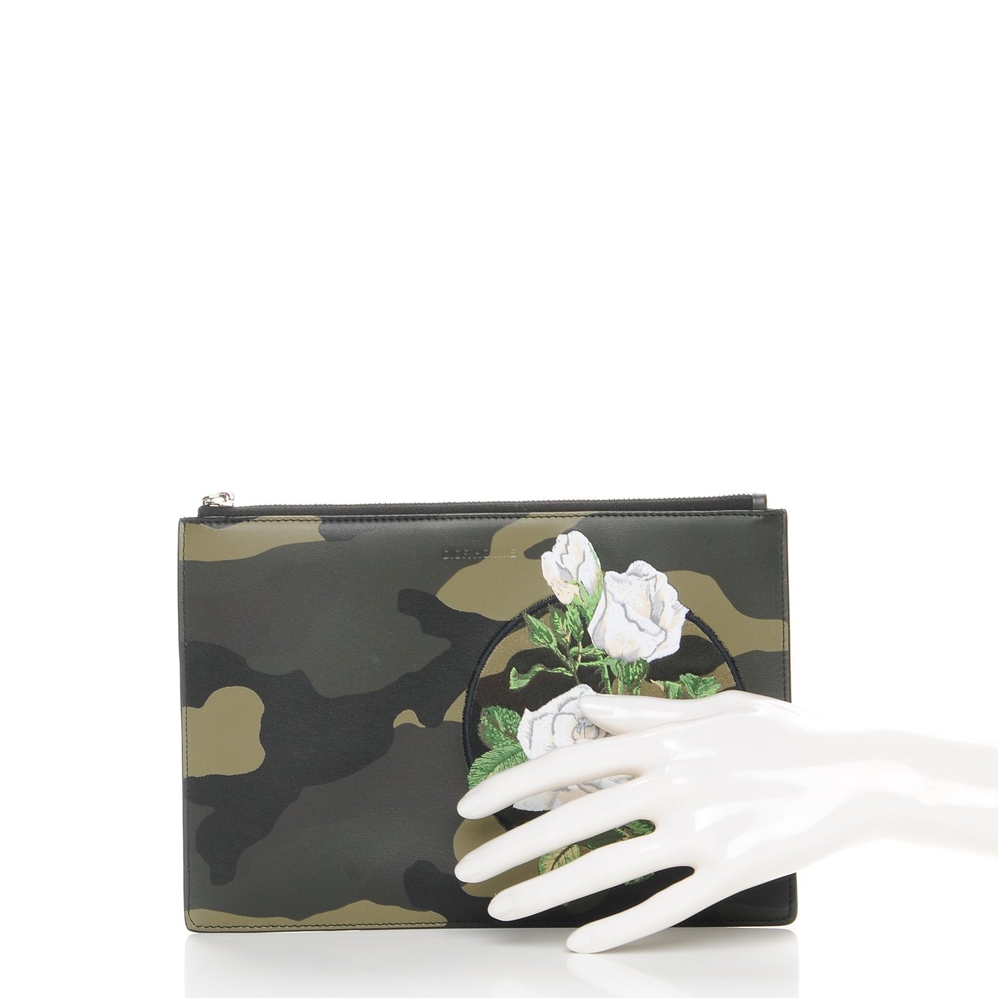 HOMME Coated Canvas Embroidered Camoflage Flat Pouch Green White