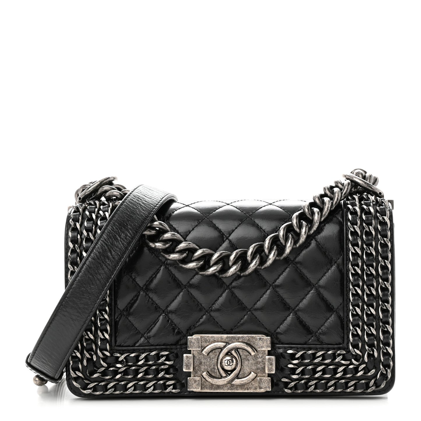 Glazed Calfskin Quilted Small Boy Chained Flap Black