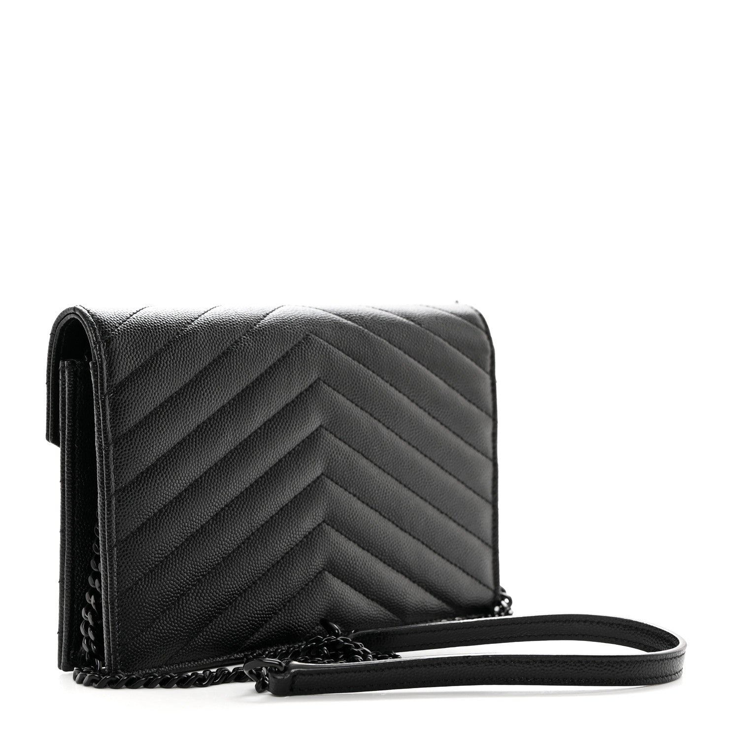 Saint Laurent Grain De Poudre Matelasse Chevron Monogram Monochrome Envelope Chain Wallet Black 2 of 10