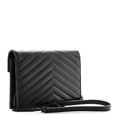 Saint Laurent Grain De Poudre Matelasse Chevron Monogram Monochrome Envelope Chain Wallet Black 2 of 10