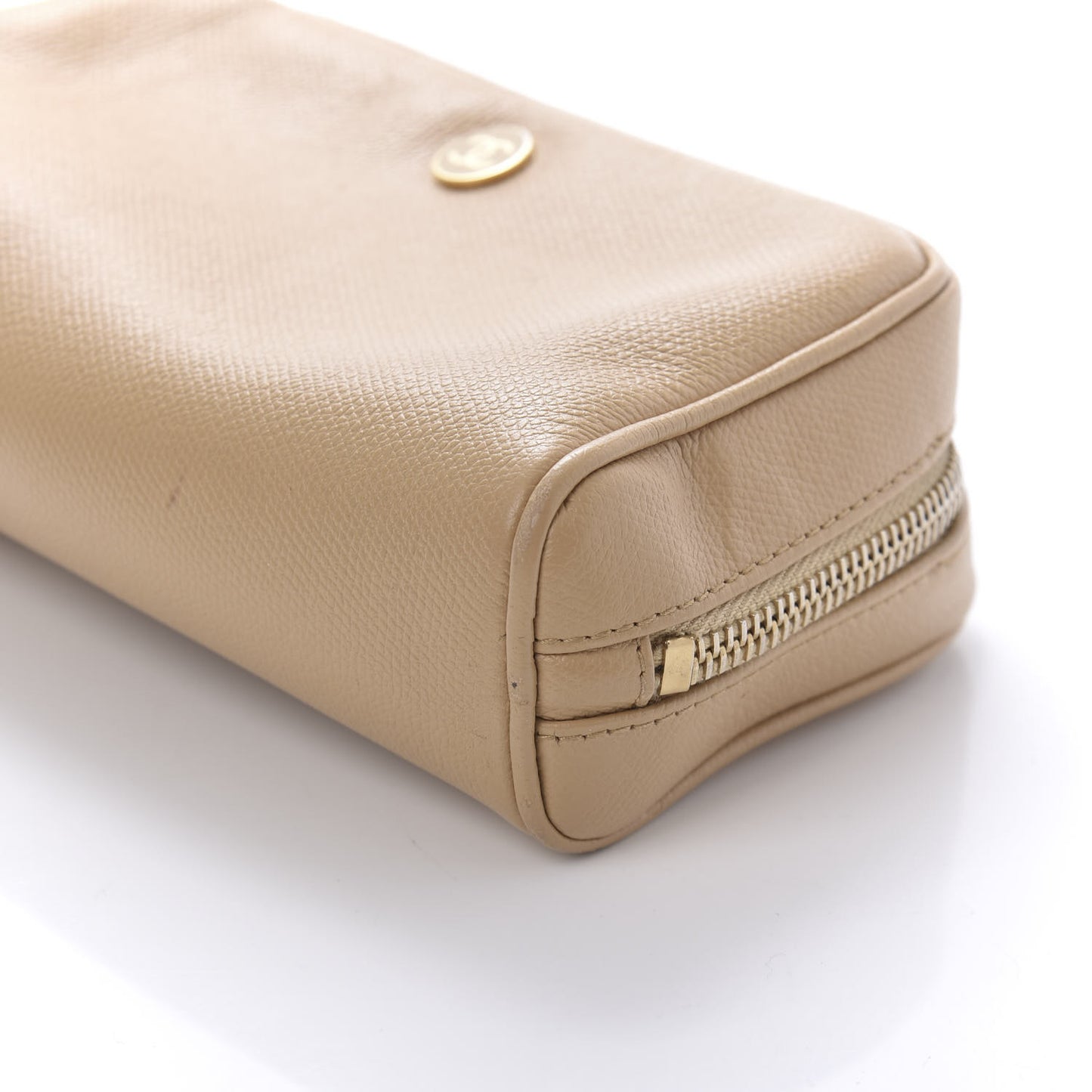 Grained Calfskin CC Button Medium Pouch Cosmetic Case Beige