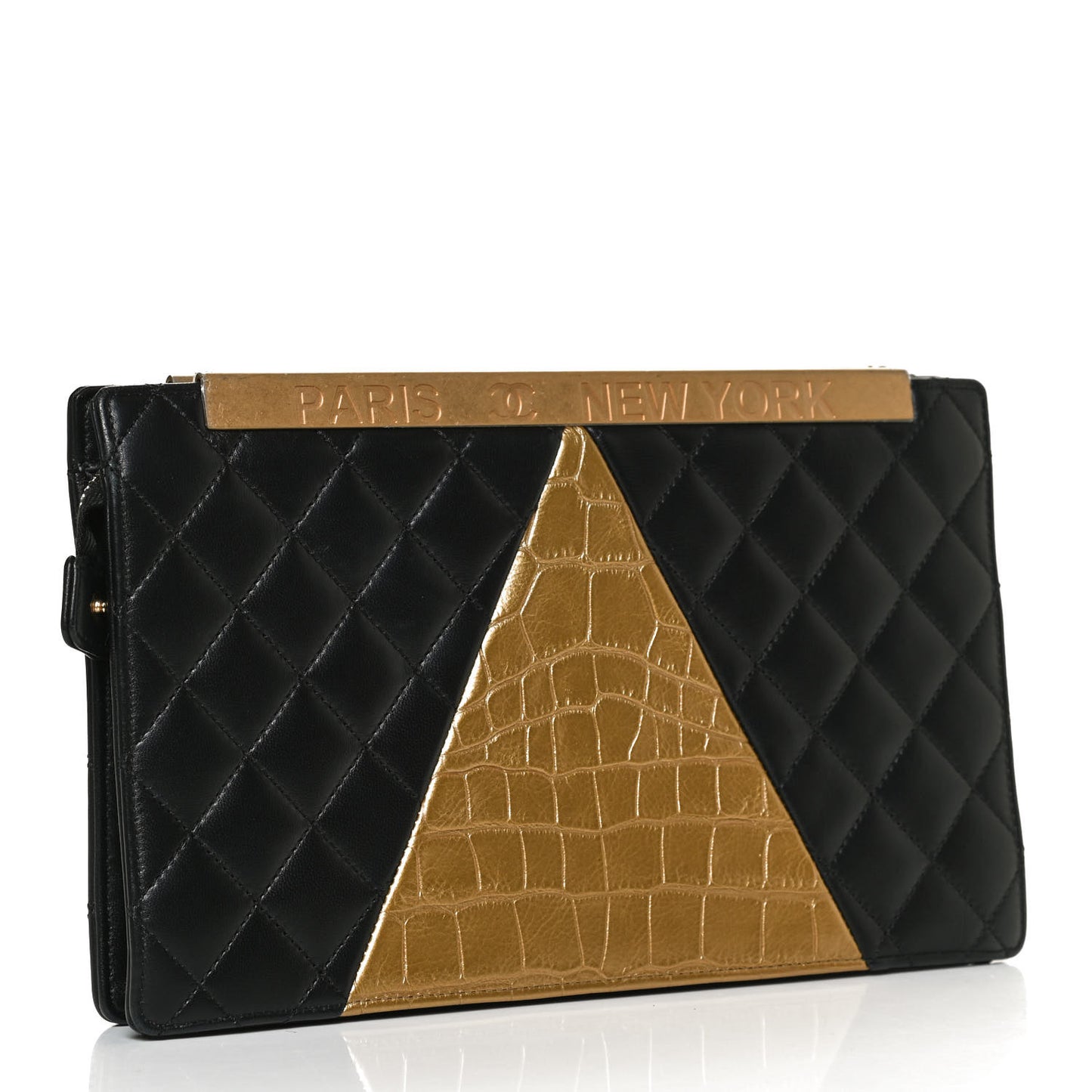Lambskin Metallic Calfskin Crocodile Embossed Clutch Black Gold