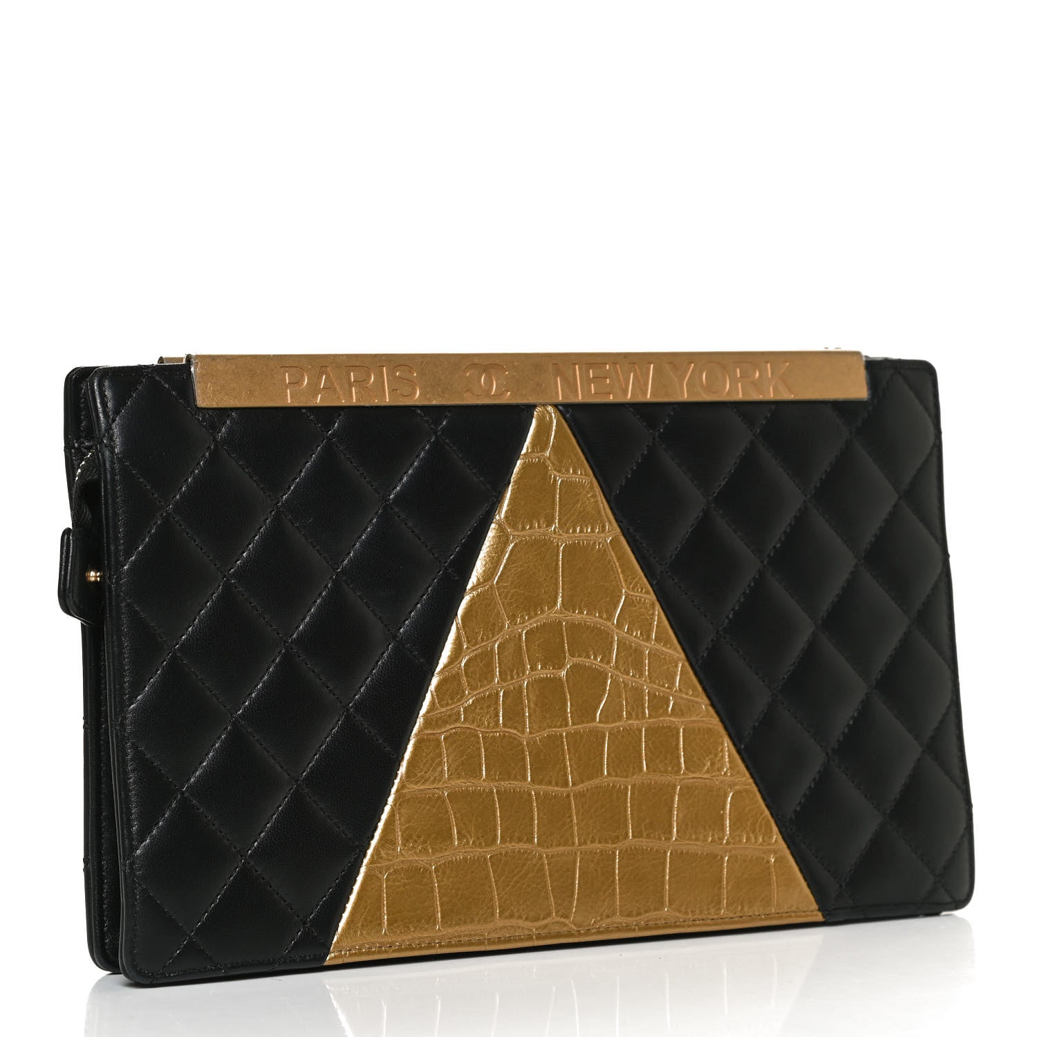 Chanel Lambskin Metallic Calfskin Crocodile Embossed Clutch Black Gold 4 of 15