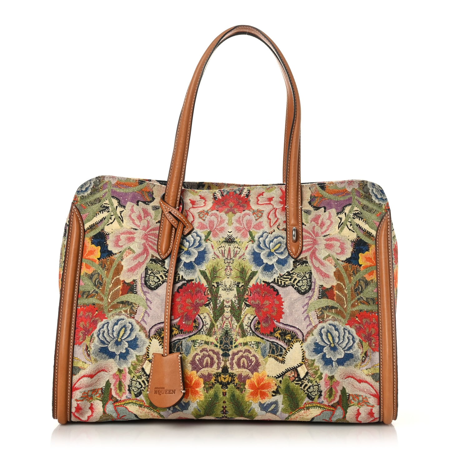 Printed Canvas Floral Embroidered Small Skull Padlock Zip Around Tote Multicolor
