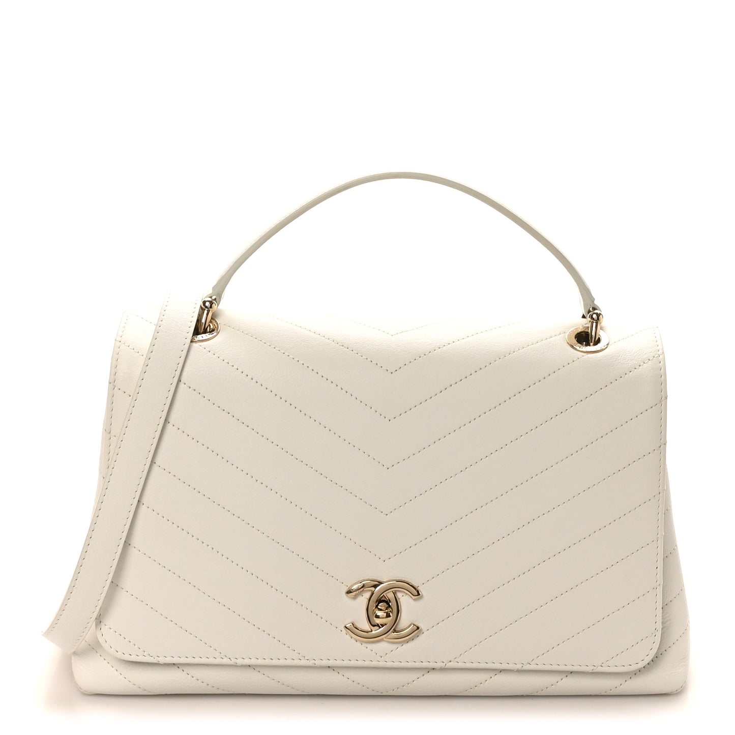 Grained Calfskin Stitched Medium Chevron Chic Top Handle Flap White
