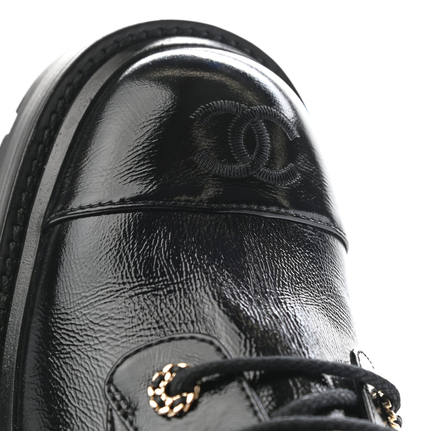 Shiny Calfskin Quilted Lace Up Combat Boots 39 Black