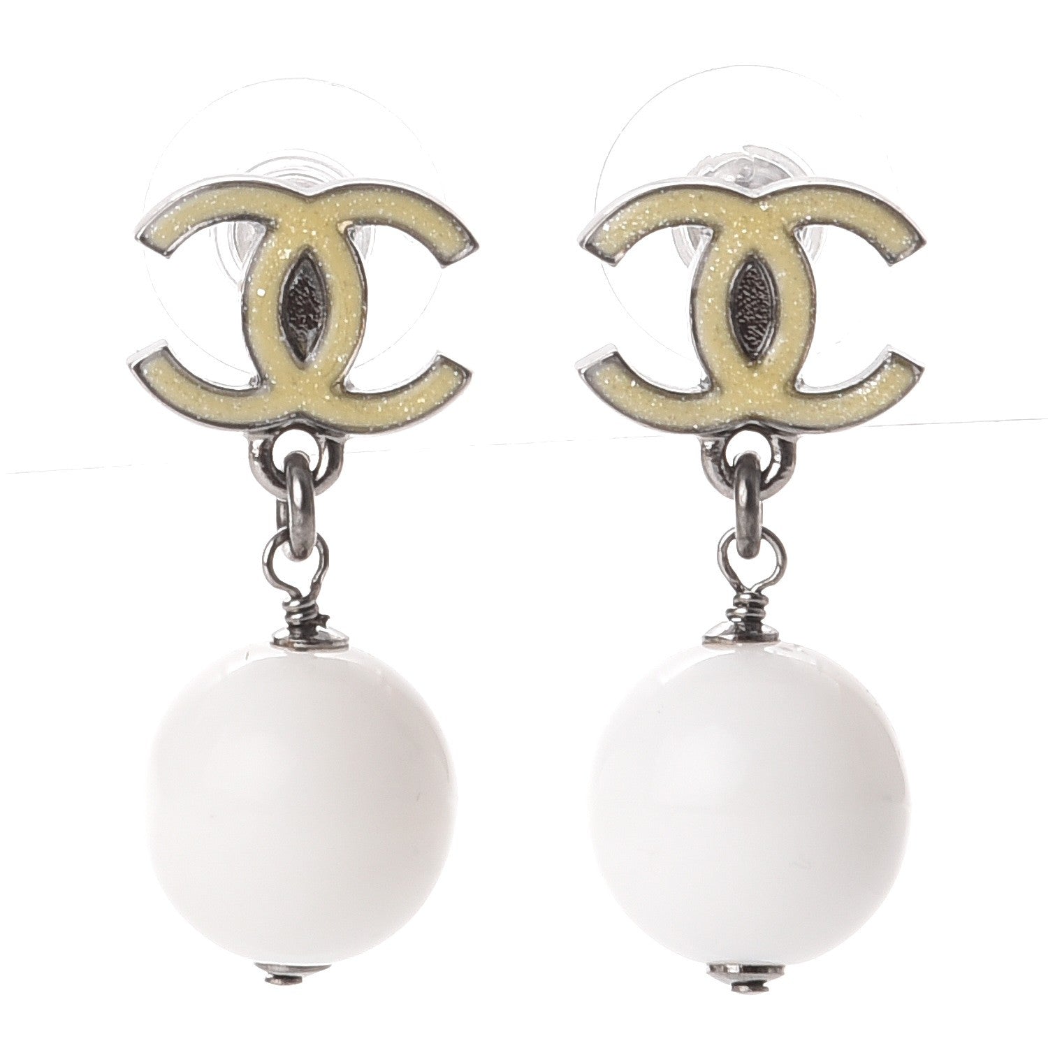 Chanel Glitter Enamel Bead CC Drop Earrings White Yellow 1 of 5