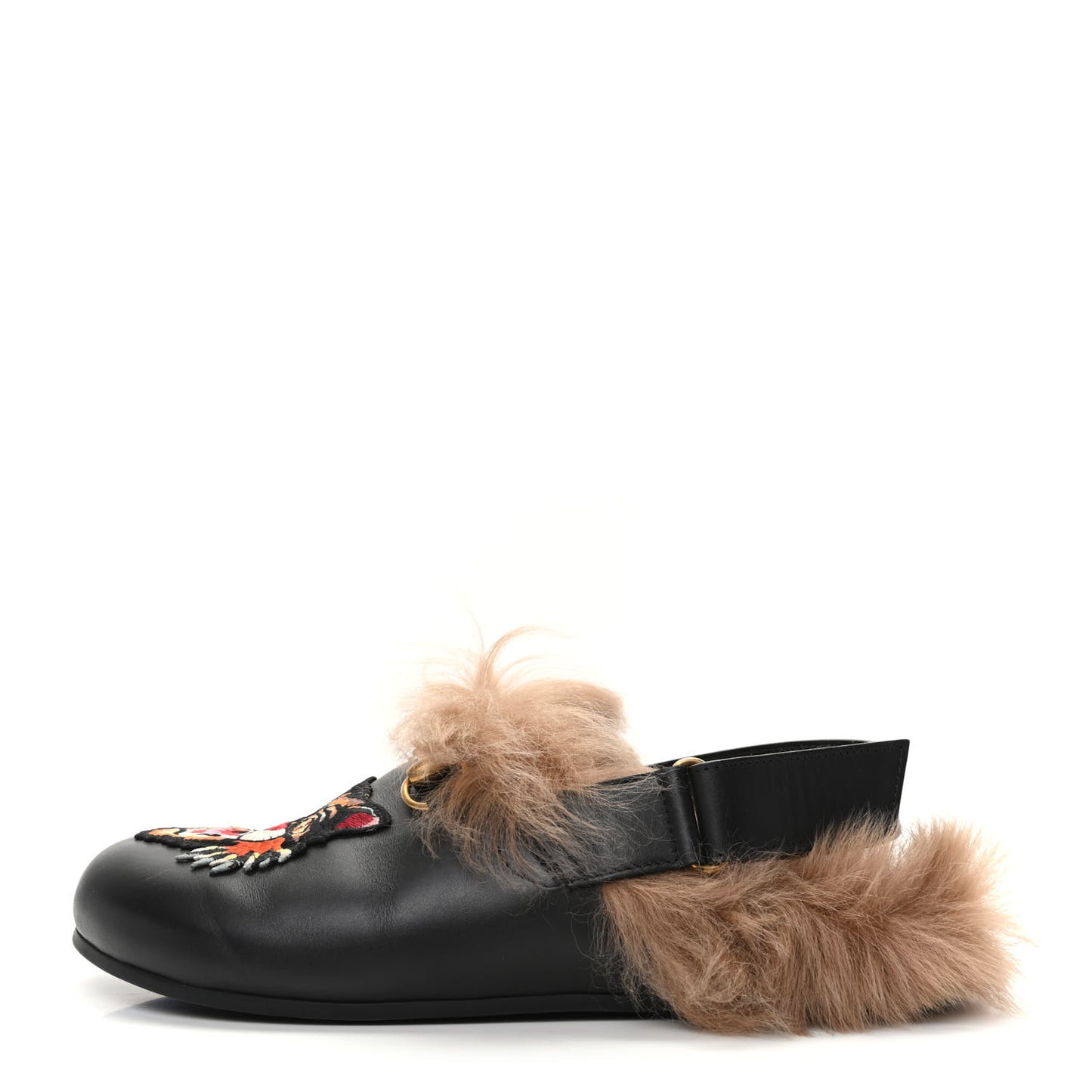 Calfskin Fur Angry Cat Embroidered Mens Horsebit River Slingback Slippers 9 Black