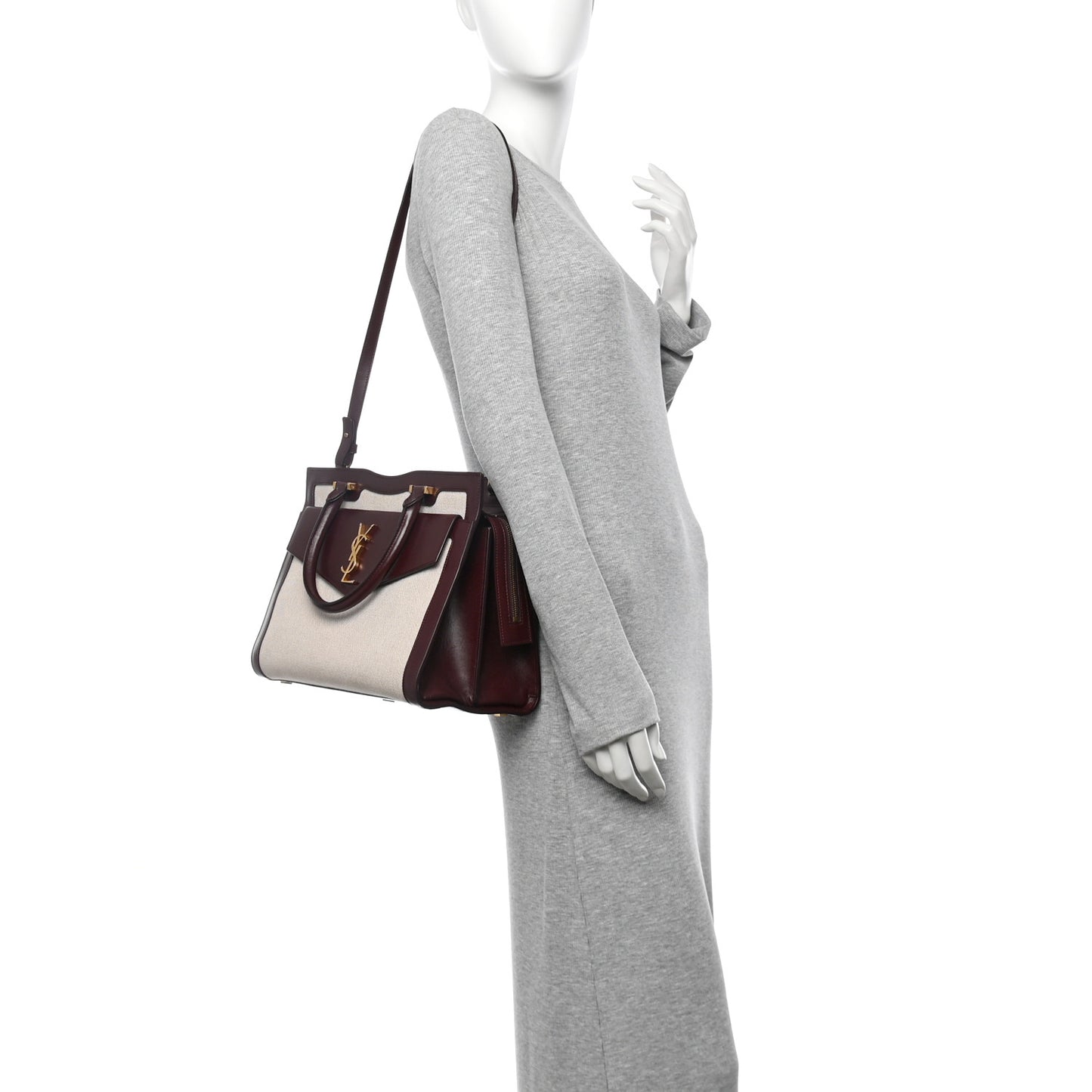 Canvas Calfskin Medium Uptown Tote Dark Beige