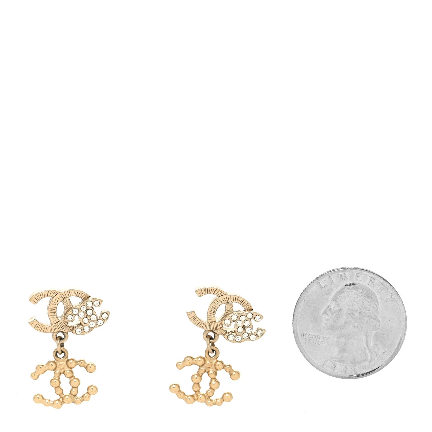 Metal Bead Crystal Double CC Drop Earrings Gold