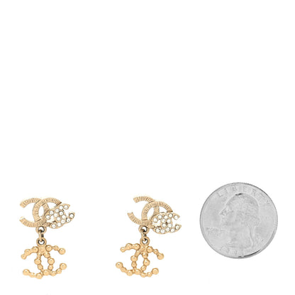 Chanel Metal Bead Crystal Double CC Drop Earrings Gold 2 of 4