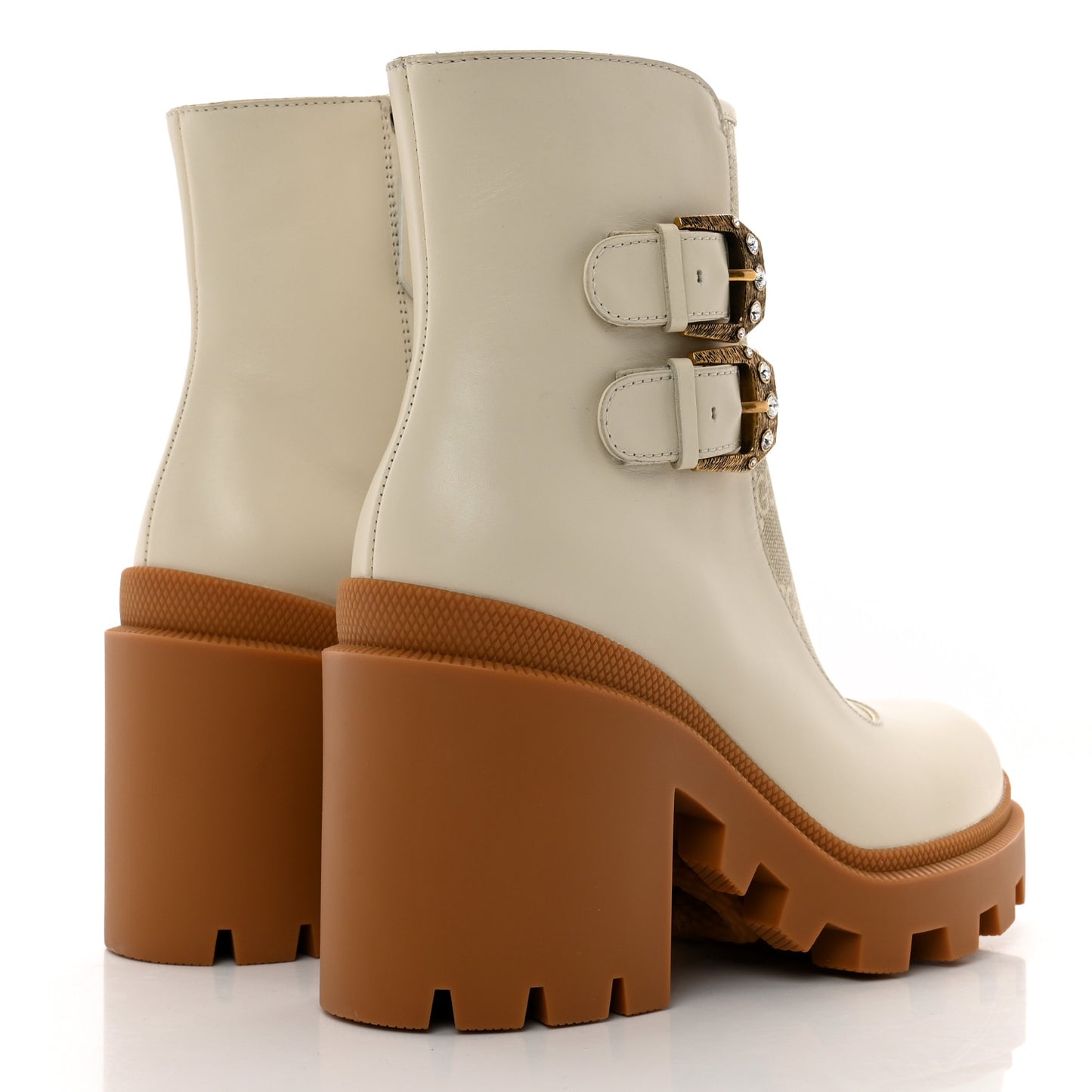 Kensington Calfskin Nappa GG Supreme Monogram Womens Double Buckle Ankle Boots 36.5 Mystic White Beige