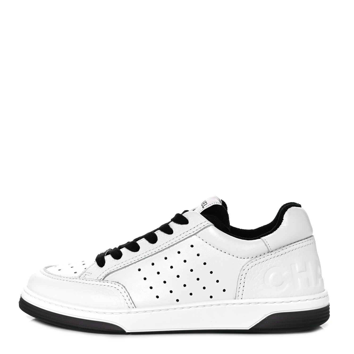 Chanel Grained Calfskin Fabric Womens Logo Sneakers 39.5 White Black 1 of 8