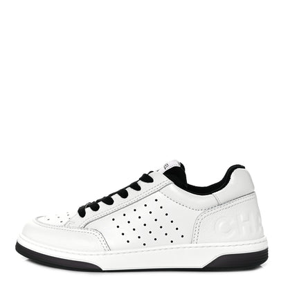 Chanel Grained Calfskin Fabric Womens Logo Sneakers 39.5 White Black 1 of 8