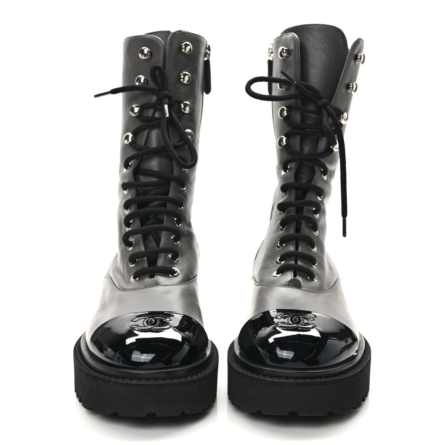 Crumpled Calfskin Patent Cap Toe Lace Up Combat Boots 40.5 Gray