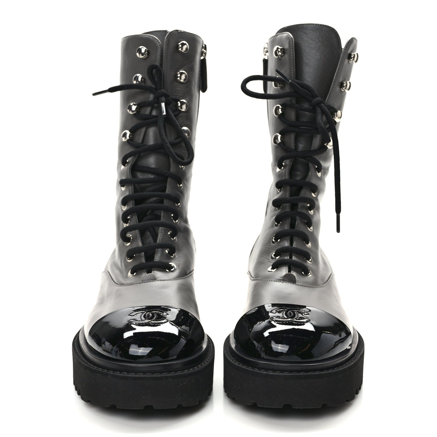 Chanel Crumpled Calfskin Patent Cap Toe Lace Up Combat Boots 40.5 Gray 2 of 10