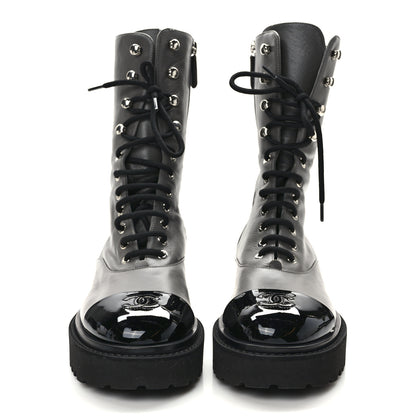 Chanel Crumpled Calfskin Patent Cap Toe Lace Up Combat Boots 40.5 Gray 2 of 10