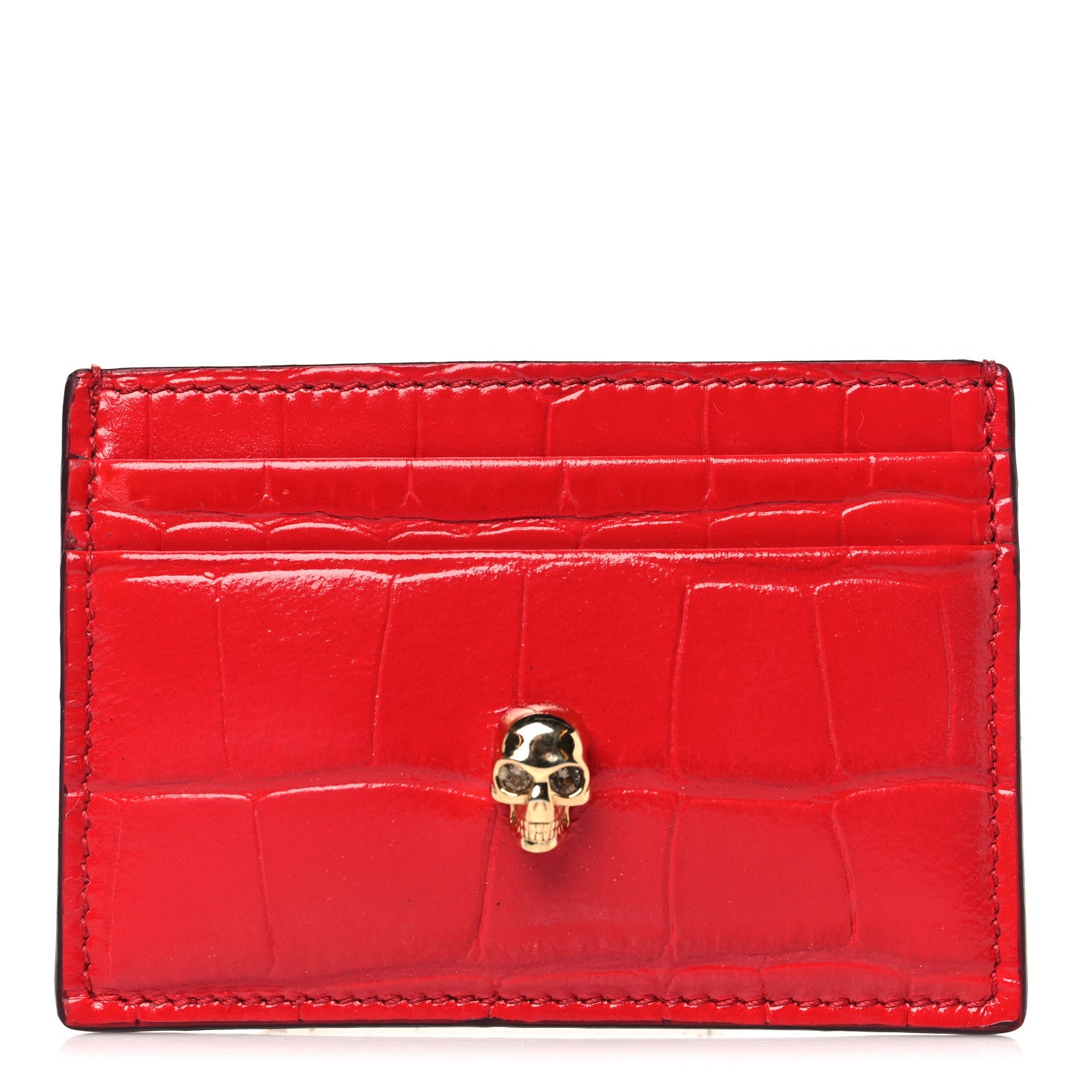 Alexander McQueen Calfskin Crocodile Embossed Skull Card Holder Scarlet Red 1 of 9