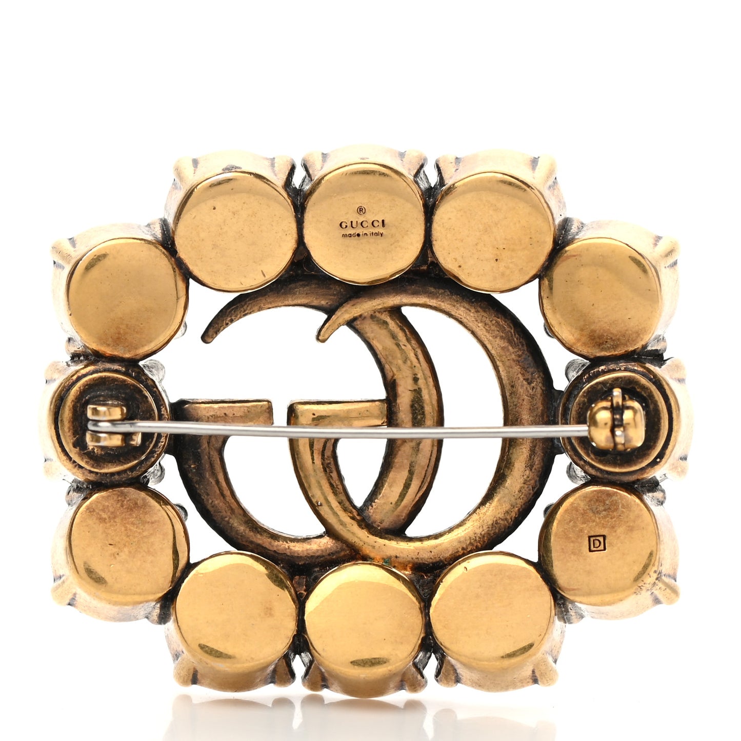 Metal Crystal Double G Brooch Aged Gold