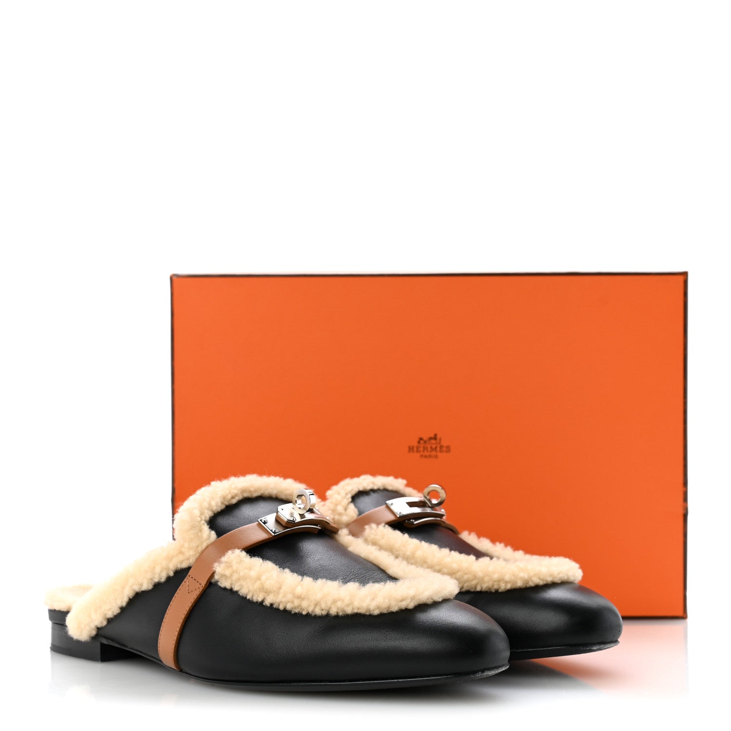 Hermes Shearling Calfskin Womens Oz Mules 40.5 Naturel Black 11 of 11