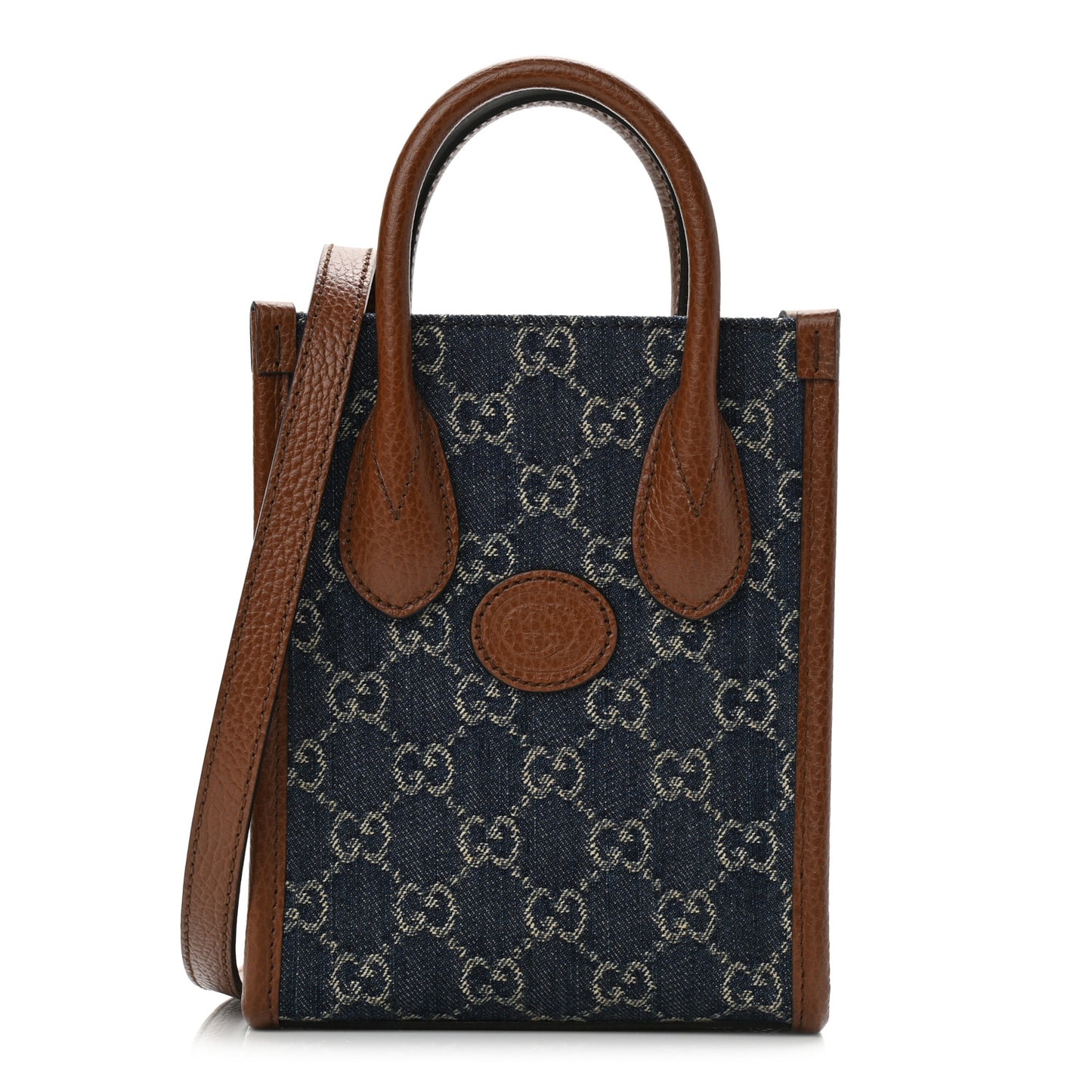 New Denim GG Monogram Dollar Calfskin Mini Retro Interlocking G Tote Bag Blue Tea Cuir Epilog