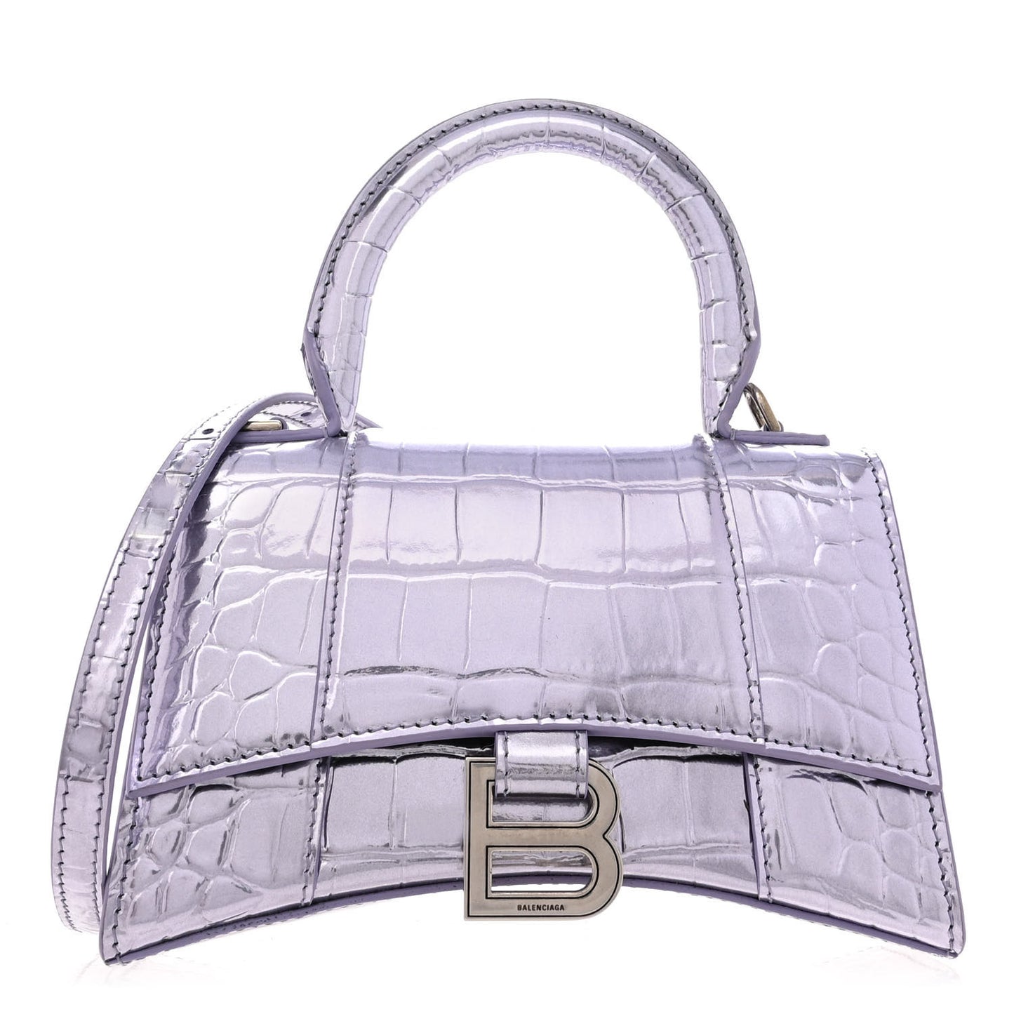 Metallic Calfskin Crocodile Embossed Hourglass Top Handle Bag XS Lilac