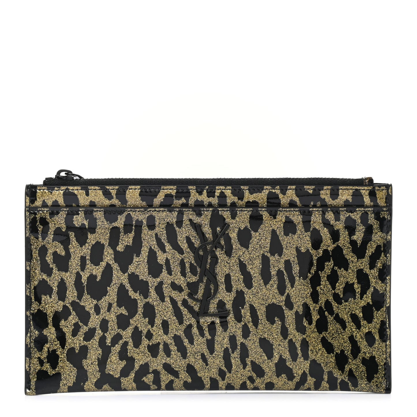 Patent Glitter Leopard Monogram Zip Pouch Gold Black