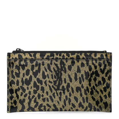 Saint Laurent Patent Glitter Leopard Monogram Zip Pouch Gold Black 1 of 7
