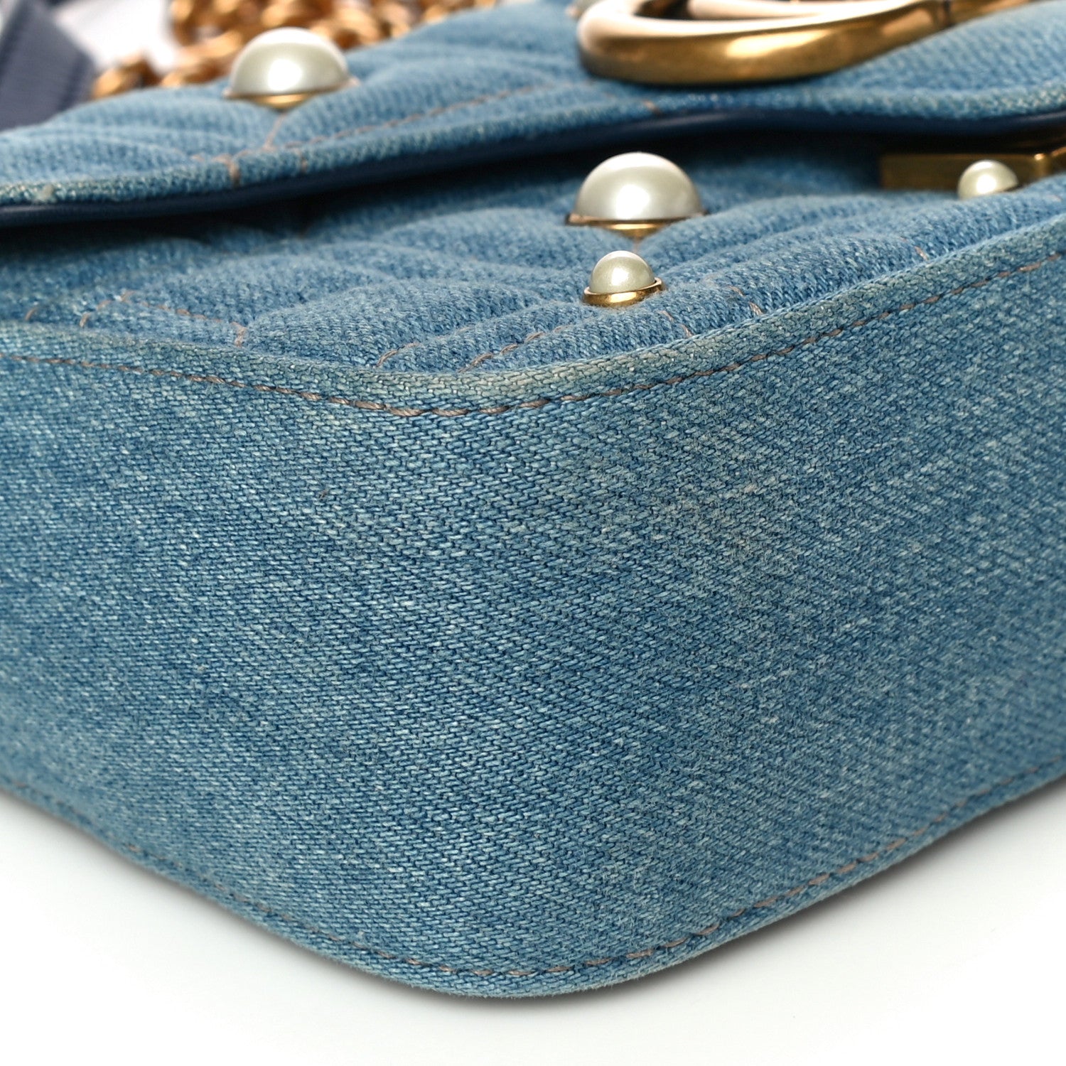 Gucci Denim Matelasse Pearl Studded Mini GG Marmont Shoulder Bag Blue 9 of 15