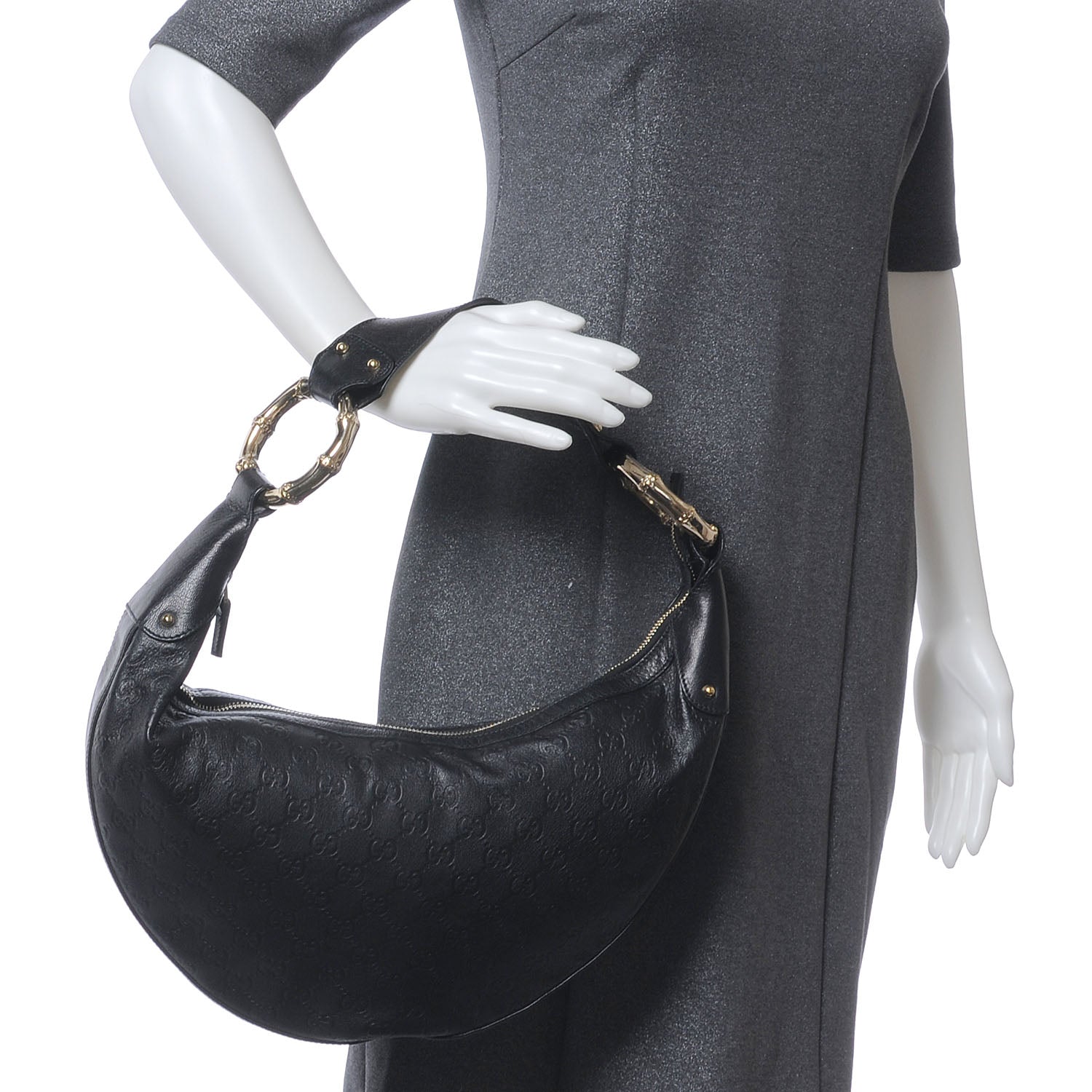Gucci Guccissima Half Moon Bamboo Ring Hobo Black 2 of 7