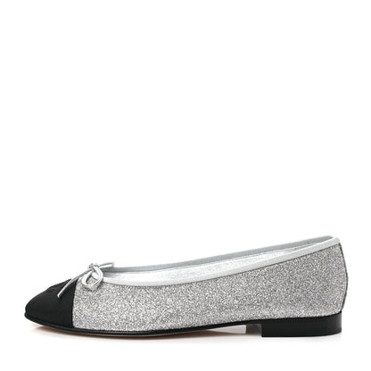 Chanel Glitter Grosgrain Cap Toe CC Ballerina Flats 38 Silver 1 of 9