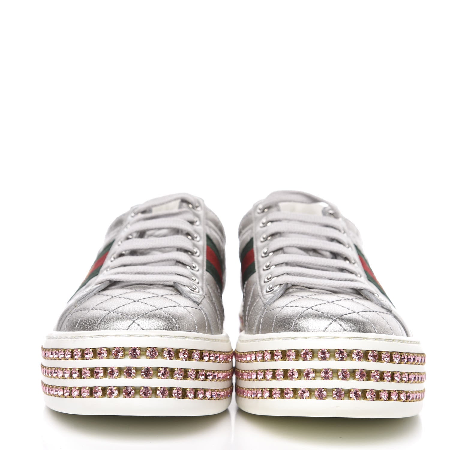 Gucci Laminated Nappa Crystal Web Bee Embroidered Trapuntata Womens Ace Platform Sneakers 37 Argento 2 of 9