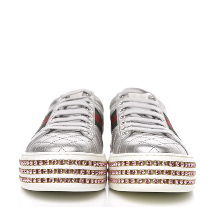 Gucci Laminated Nappa Crystal Web Bee Embroidered Trapuntata Womens Ace Platform Sneakers 37 Argento 2 of 9